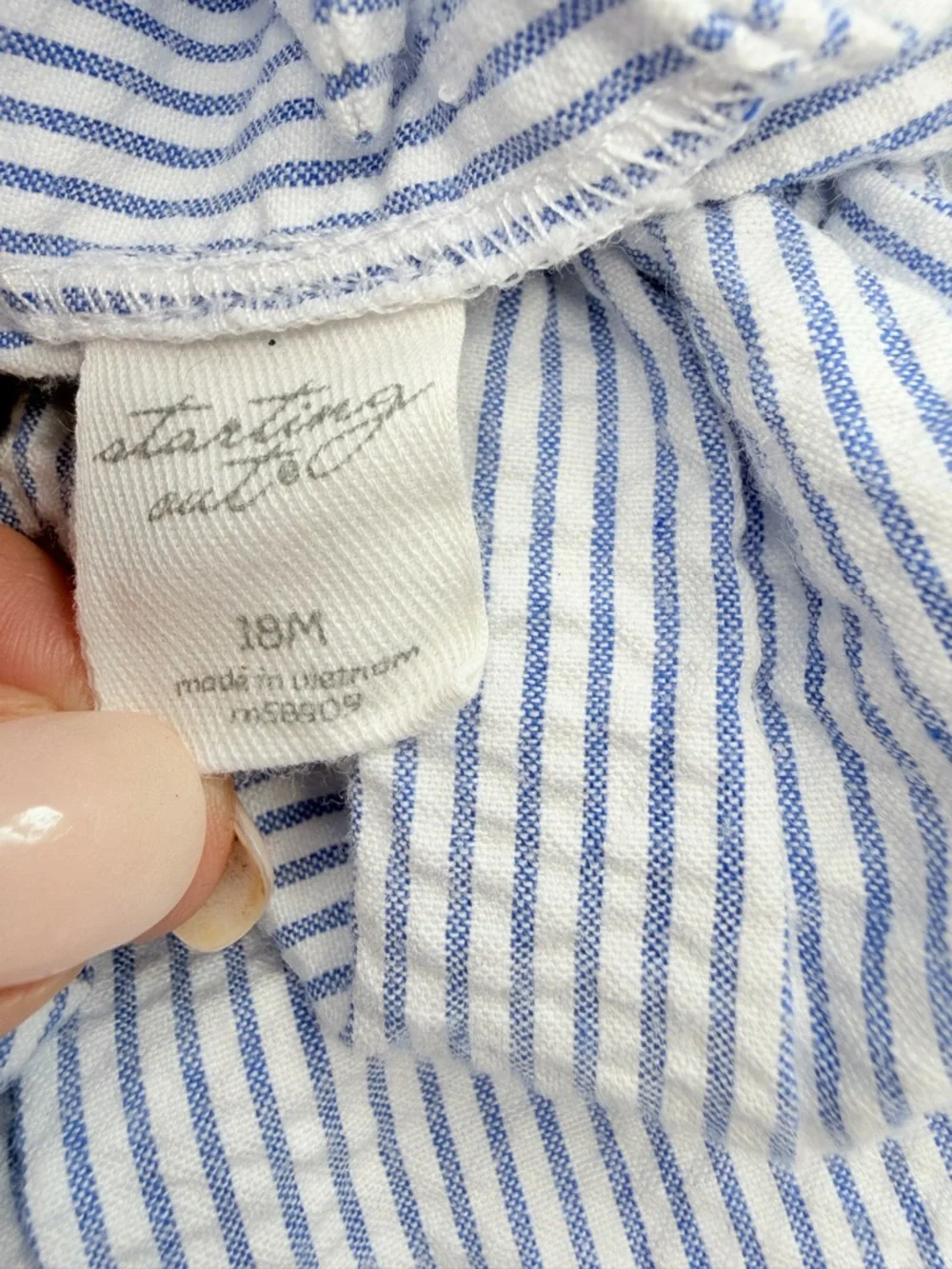 STARTING OUT Blue Striped Seersucker Nautical Embroidered Anchor Dress Sz 18 Mos